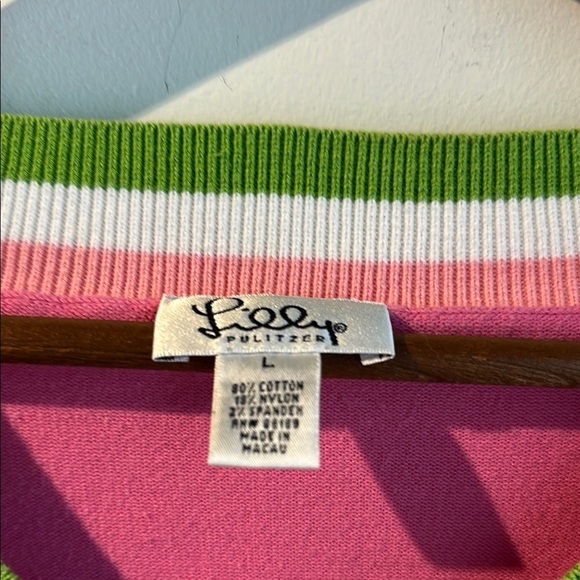 Vintage Lilly Pulitzer Pink V-Neck Sweater with Green Trim - Picture 2 of 7